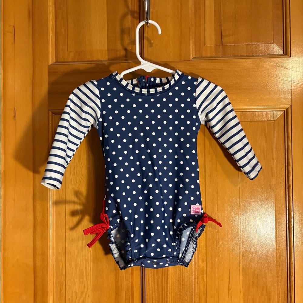 Ruffle Butts Blue and White Dotted Bodysuit with Red Accents